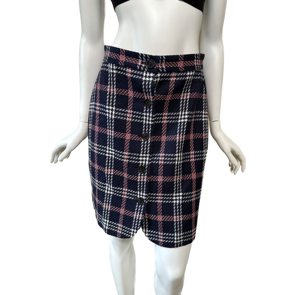 Brooks Brothers Womens Plaid Button Front Mini Skirt Navy‎ Blue Red White Preppy